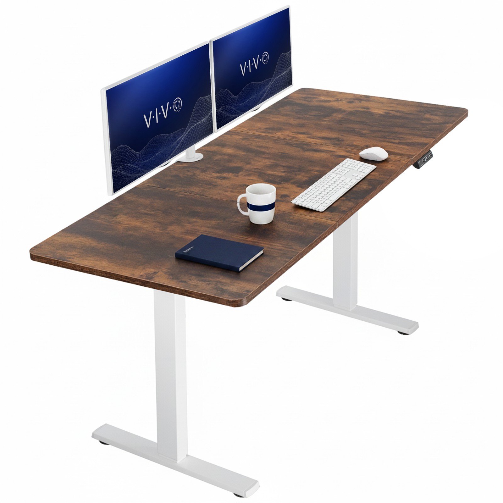 VIVO Electric 71” x 30” Stand Up Desk, Rustic Vintage Brown Tabletop White Frame