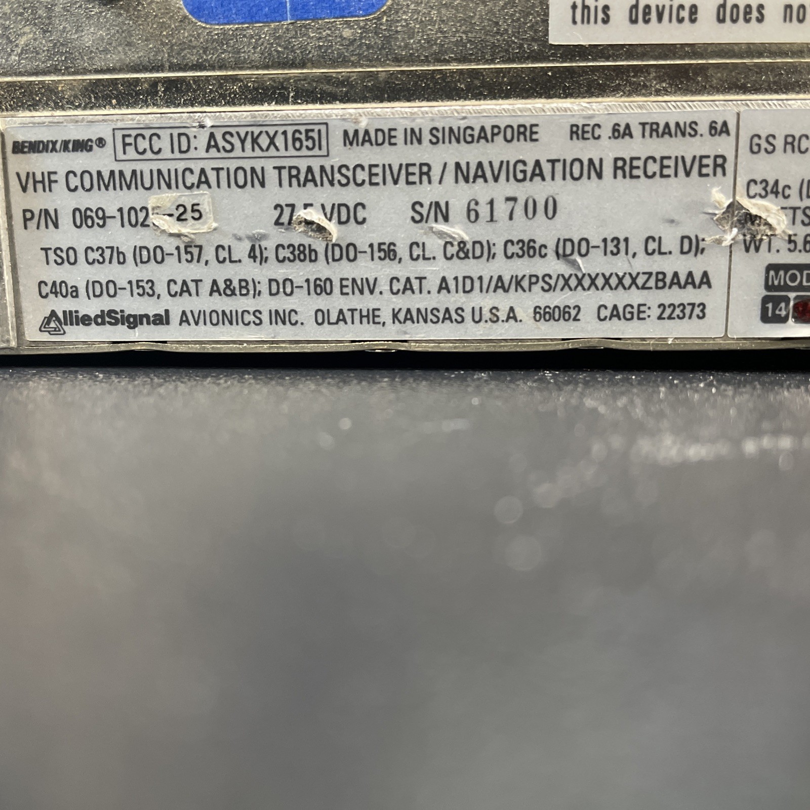 Bendix King 28V KX 165 NAV/COM - Needs Repair - No Warranty!