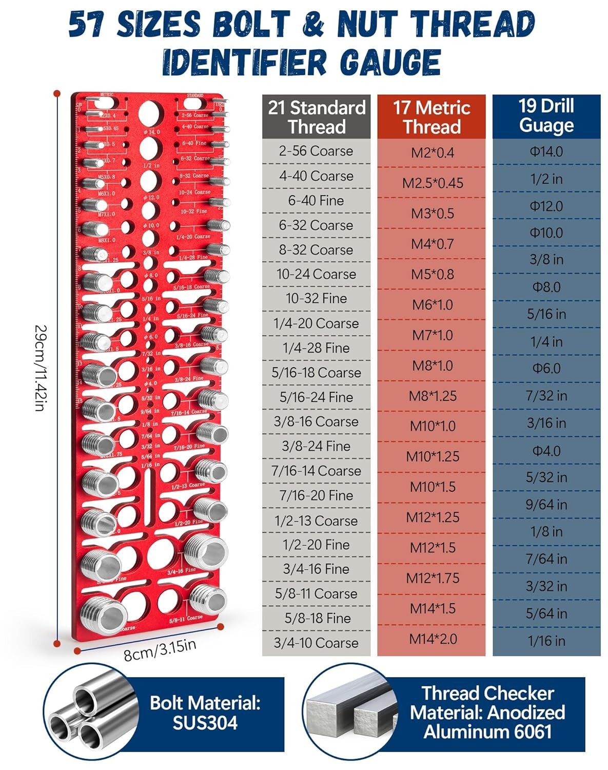 57 Nut and Bolt Thread Checker Thread Checker Standard and Metric Bolt...