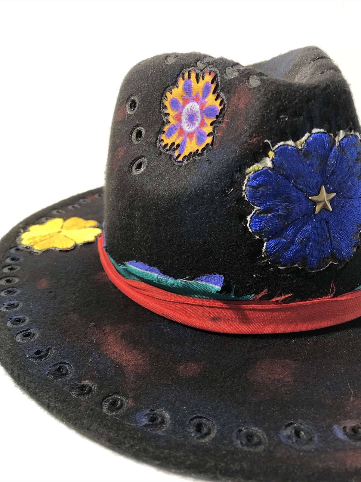 Tazzle’s 1of1 Custom Western Fedora Hat-Black Felt, Colorful Flowers, Cross Etc