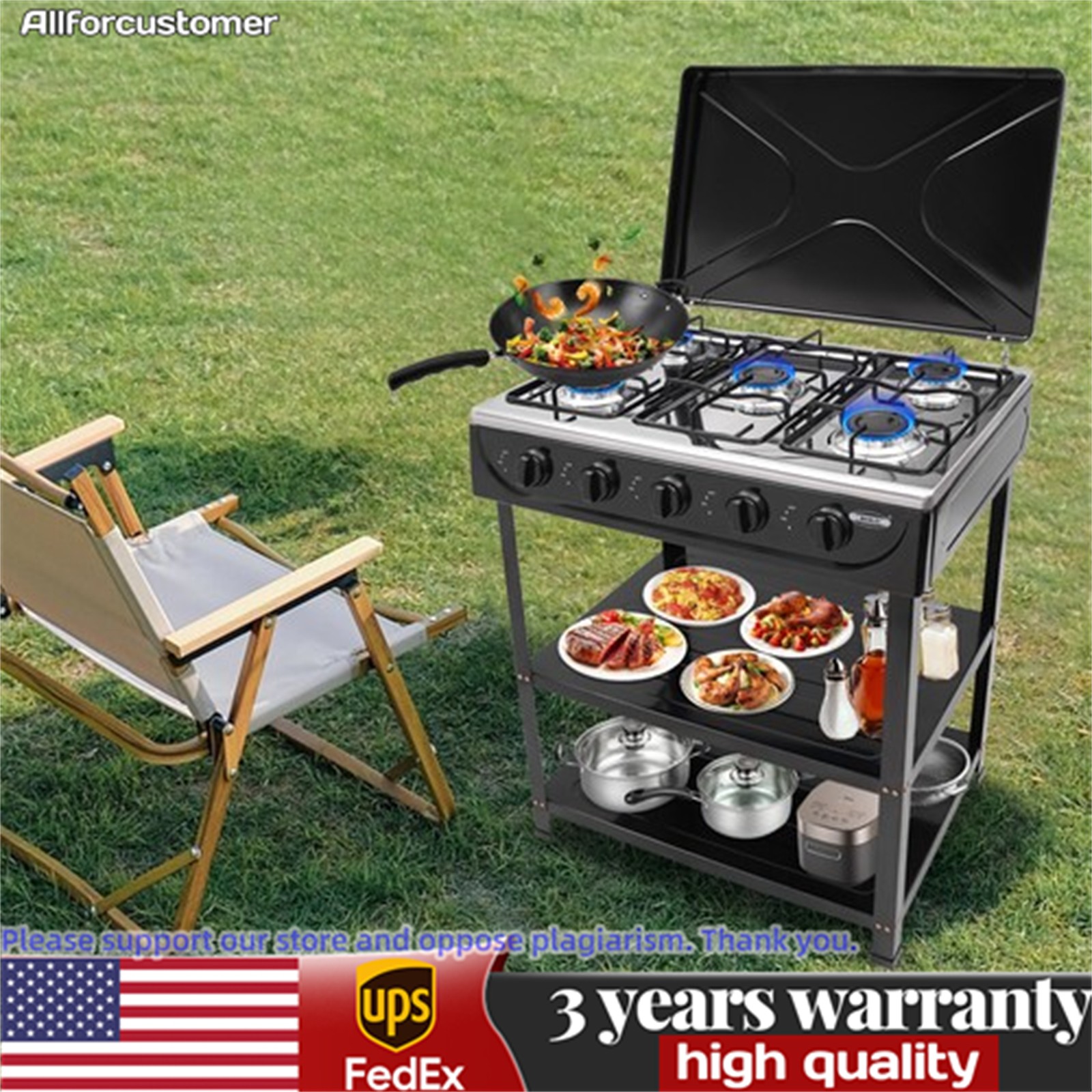 Outdoor Cooking Natural Gas Stove 5-Burners W/ Storage Rack For Camping/Kitchen
