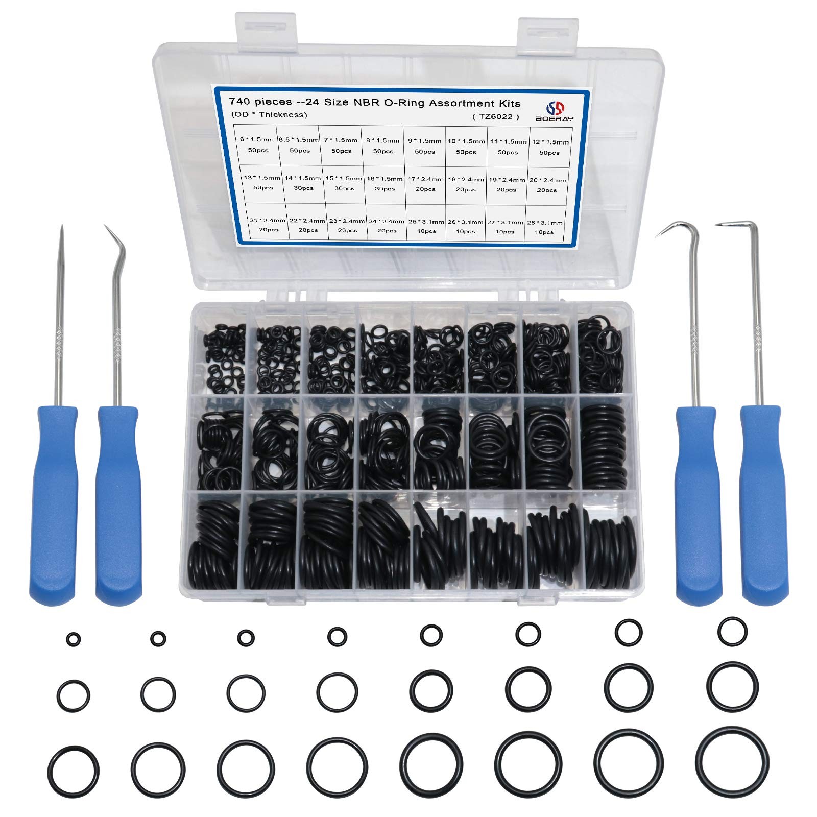 boeray 740pc Universal O Rings Assortment in 24 740pcs Metric with Tools