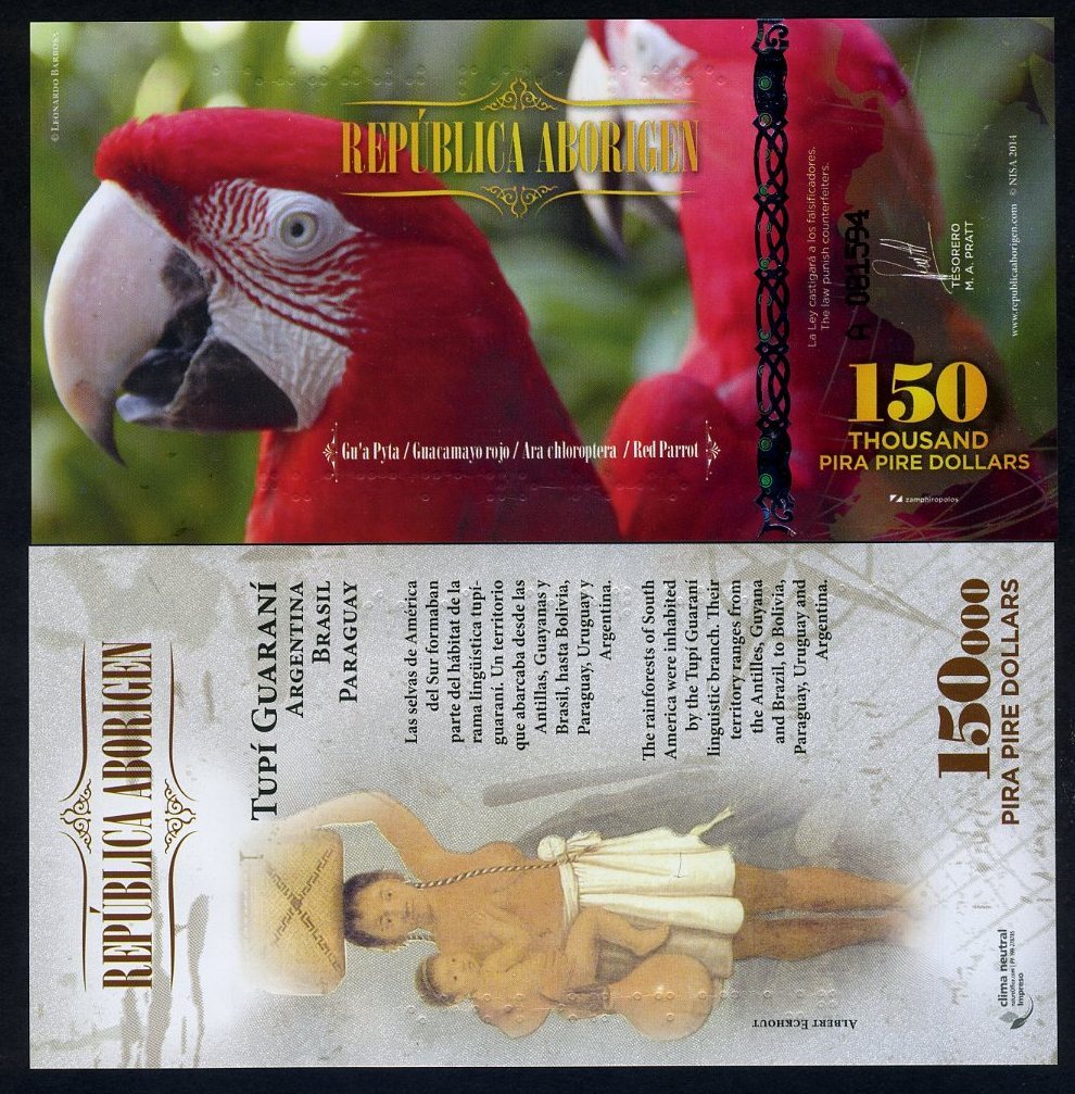 Republica Aborigen 150000 (150,000) Pira Pire Dollars, POLYMER 2014 UNC Parrot