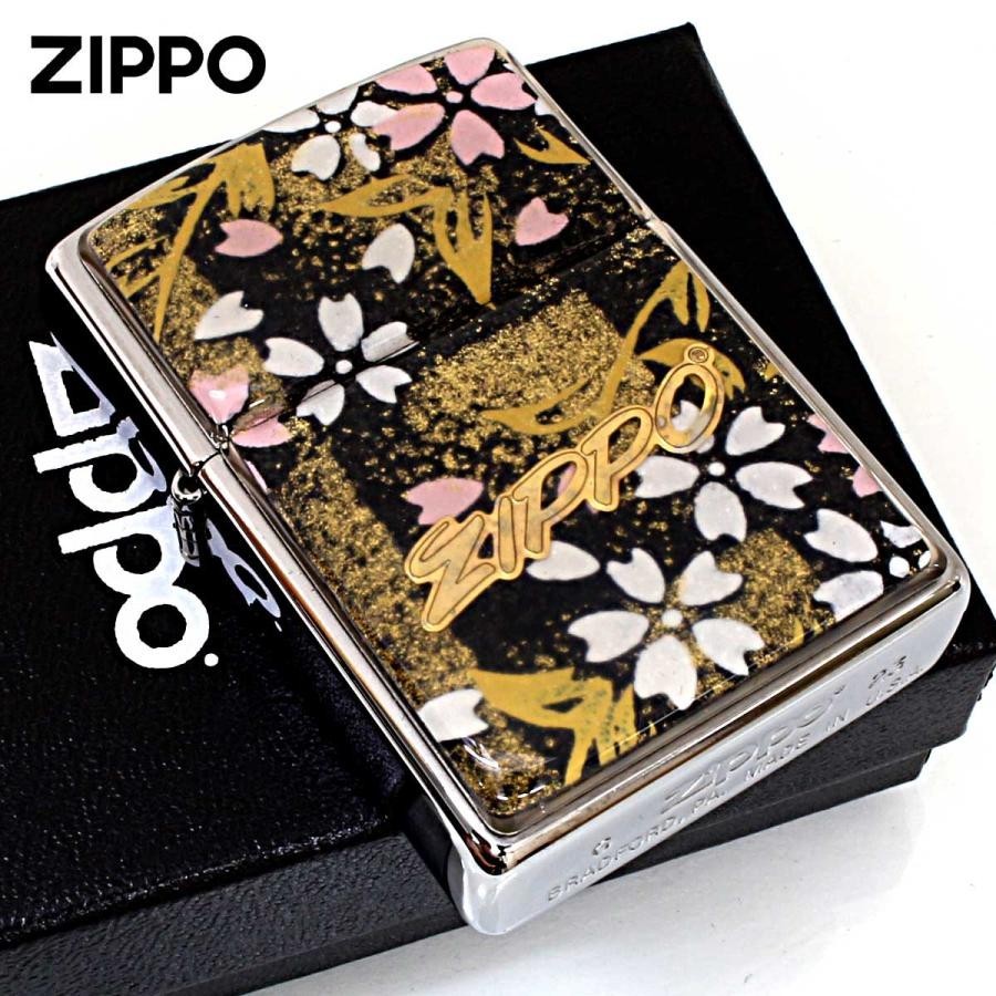 Zippo Japanese pattern Yuzen washi paper Cherry blossoms Black