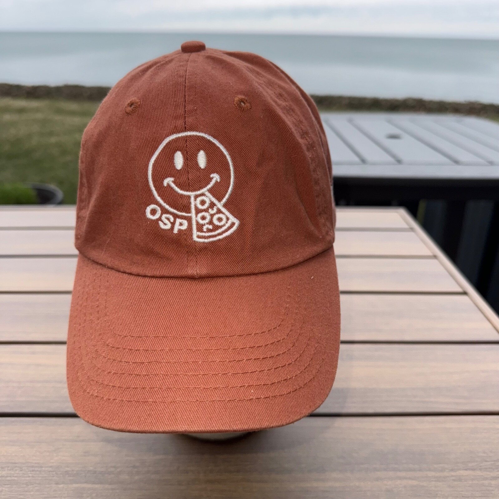 OSP-Old Scratch Pizza white on Rusty Orange Cotton Hat Cap Strap Buckle