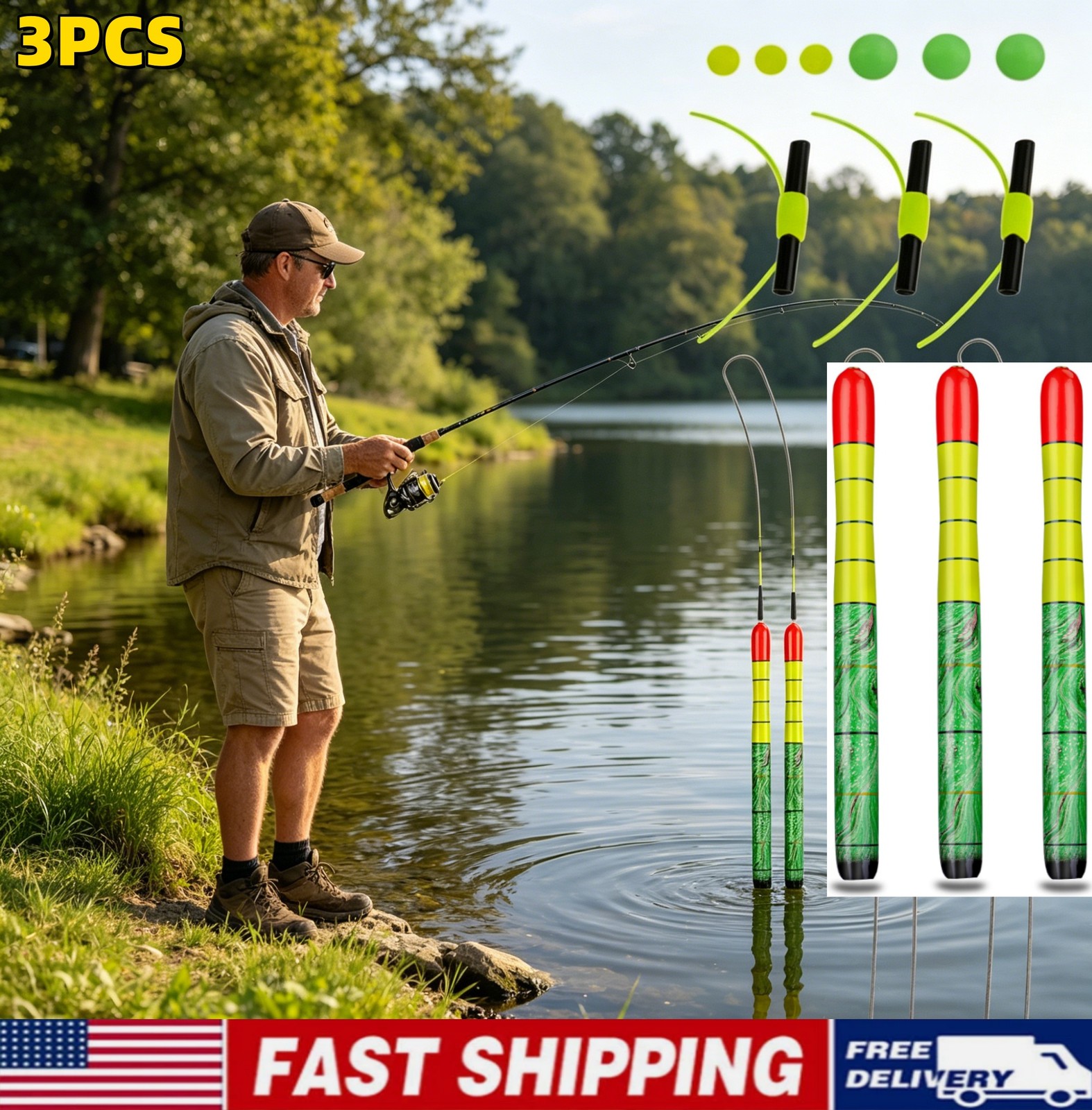 Weighted Catfish Fishing Floats 3PC High Visibility Wood  Bobbers Fish Tackle