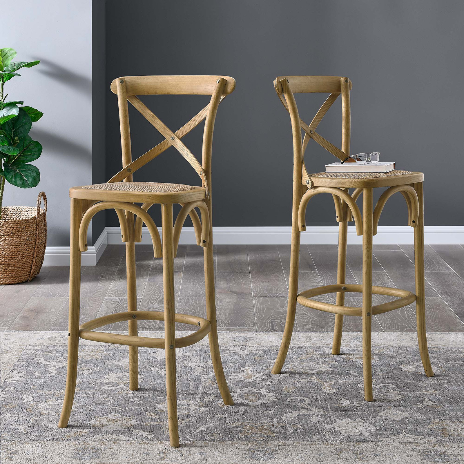 Modway Gear X-Back Wood Fully Assembled Bar Stool in Natural