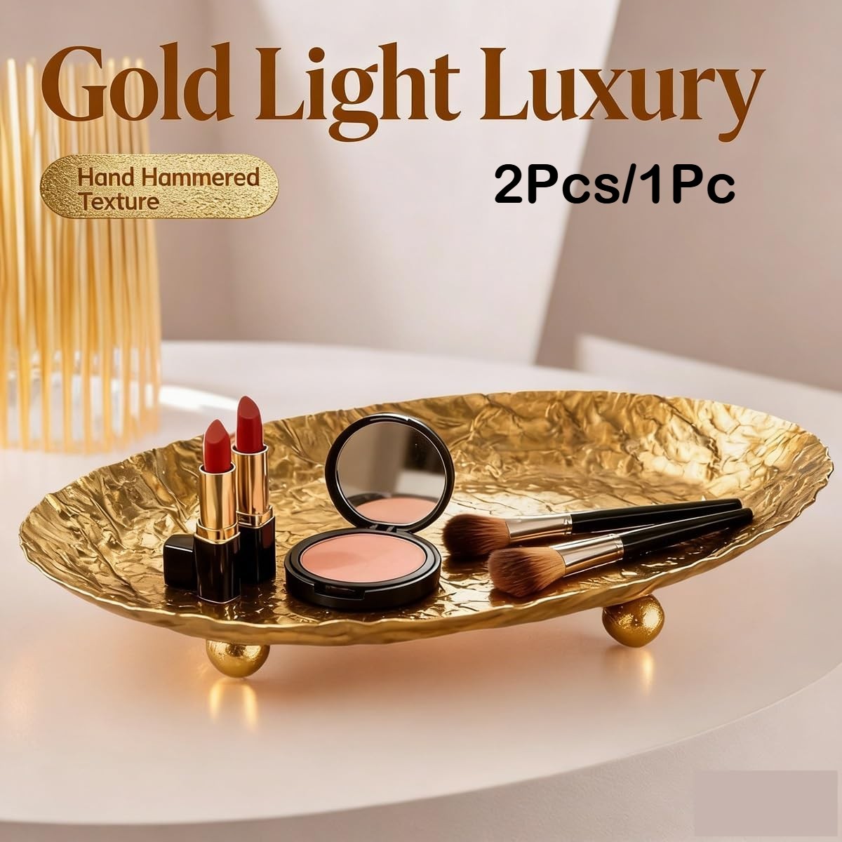 2pcs/1pc, Hammered Metal Jewelry Tray,Golden Three-Legged Design, ewelry Trays