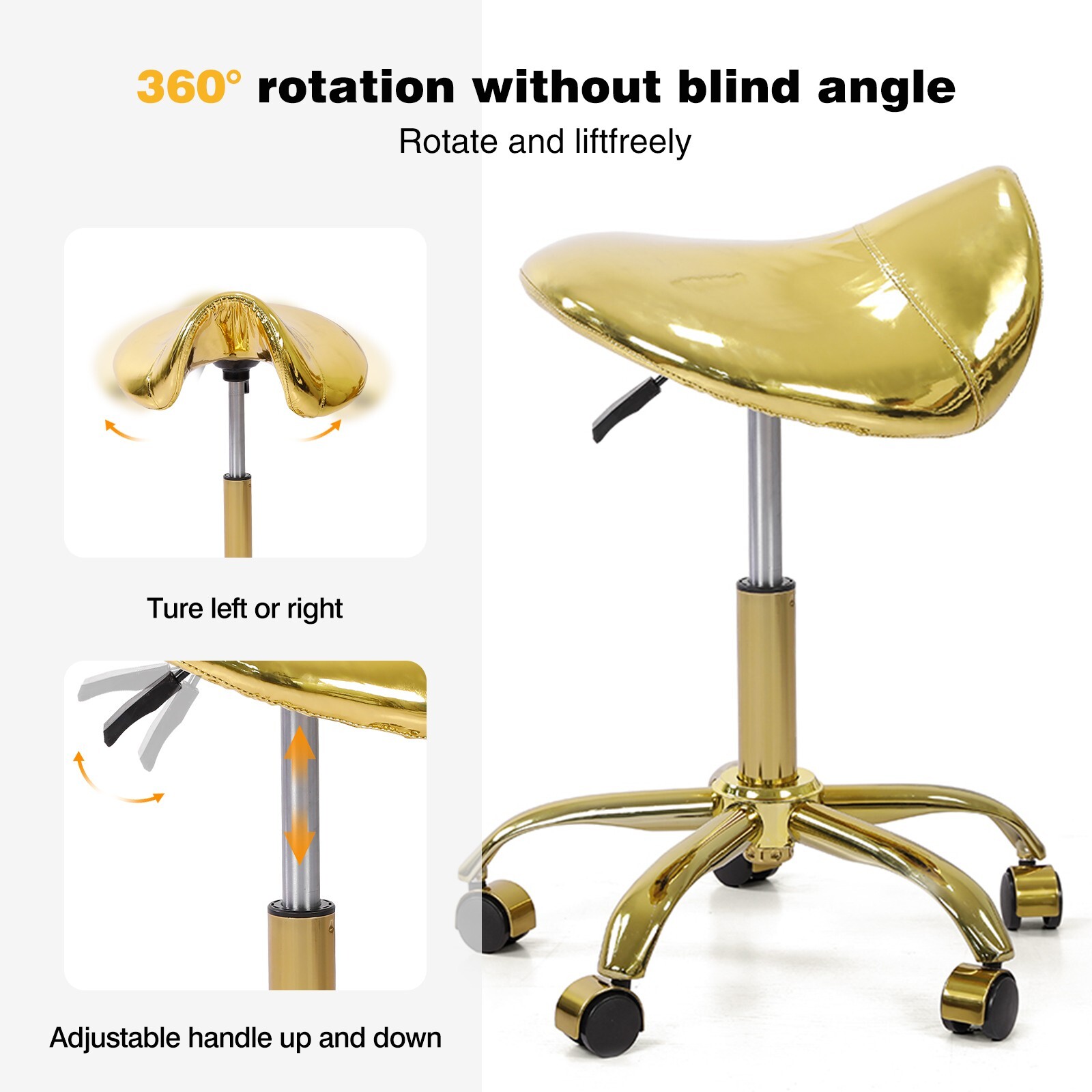 Hydraulic Saddle Stool Gold Rolling Swivel Chair with Wheels Adjustable stool