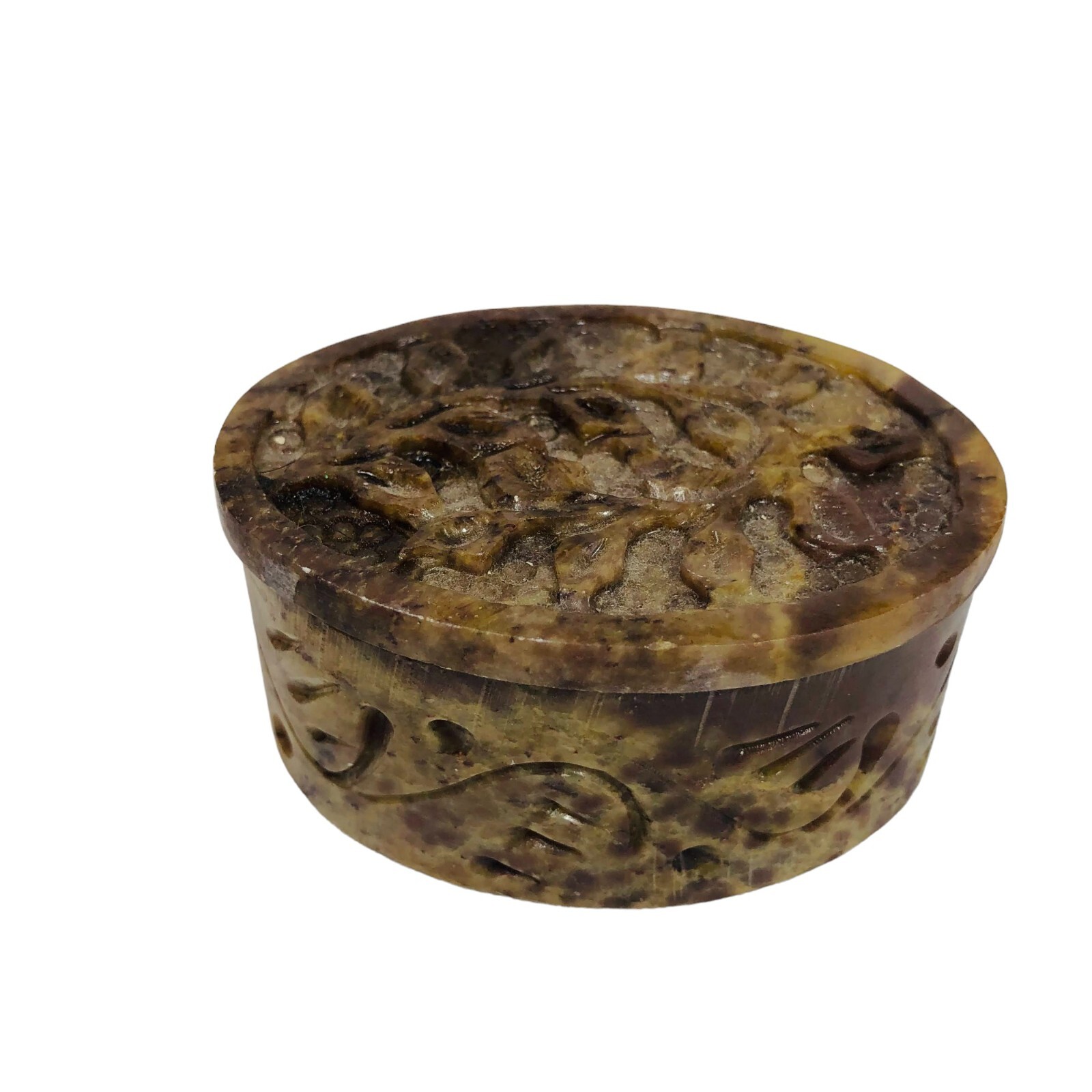 Carved Soapstone Brown Ring Trinket Oval Floral Box Pattern