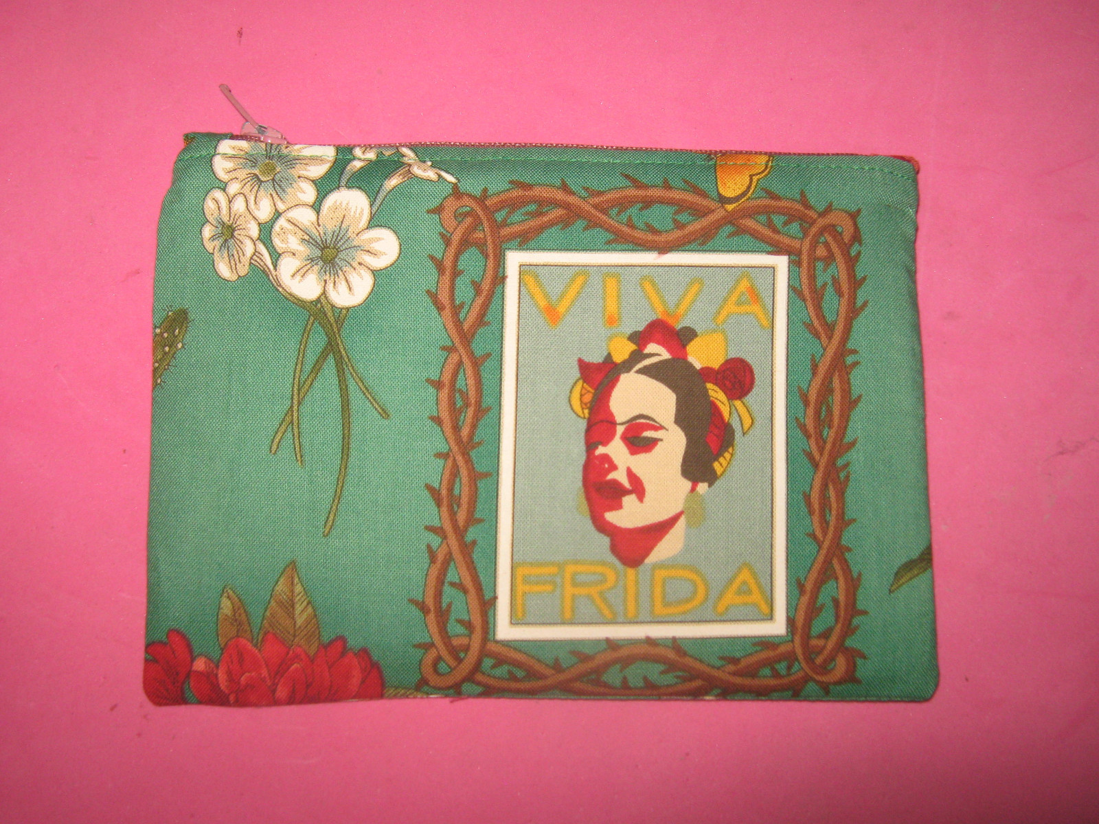 "VIVA  FRIDA"-Cloth Zipper Pouch-Make Up Bag-Stash Bag-Handmade