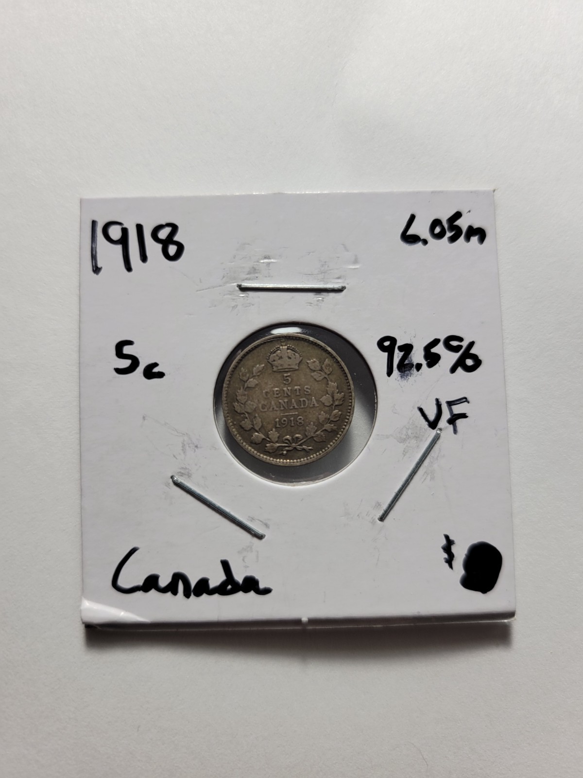 1918 Canada 5 Cents - 92.5% Silver - Foreign Coin - KM# 22
