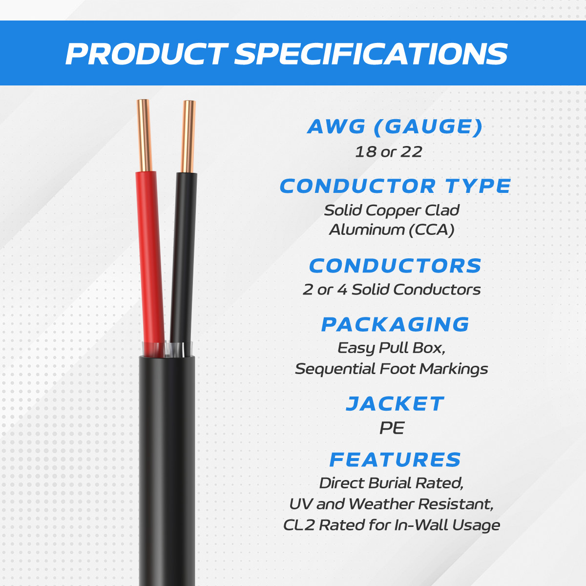Alarm Cable 500ft 22/2 Solid UTP CCA CL2 Outdoor Security System CCTV