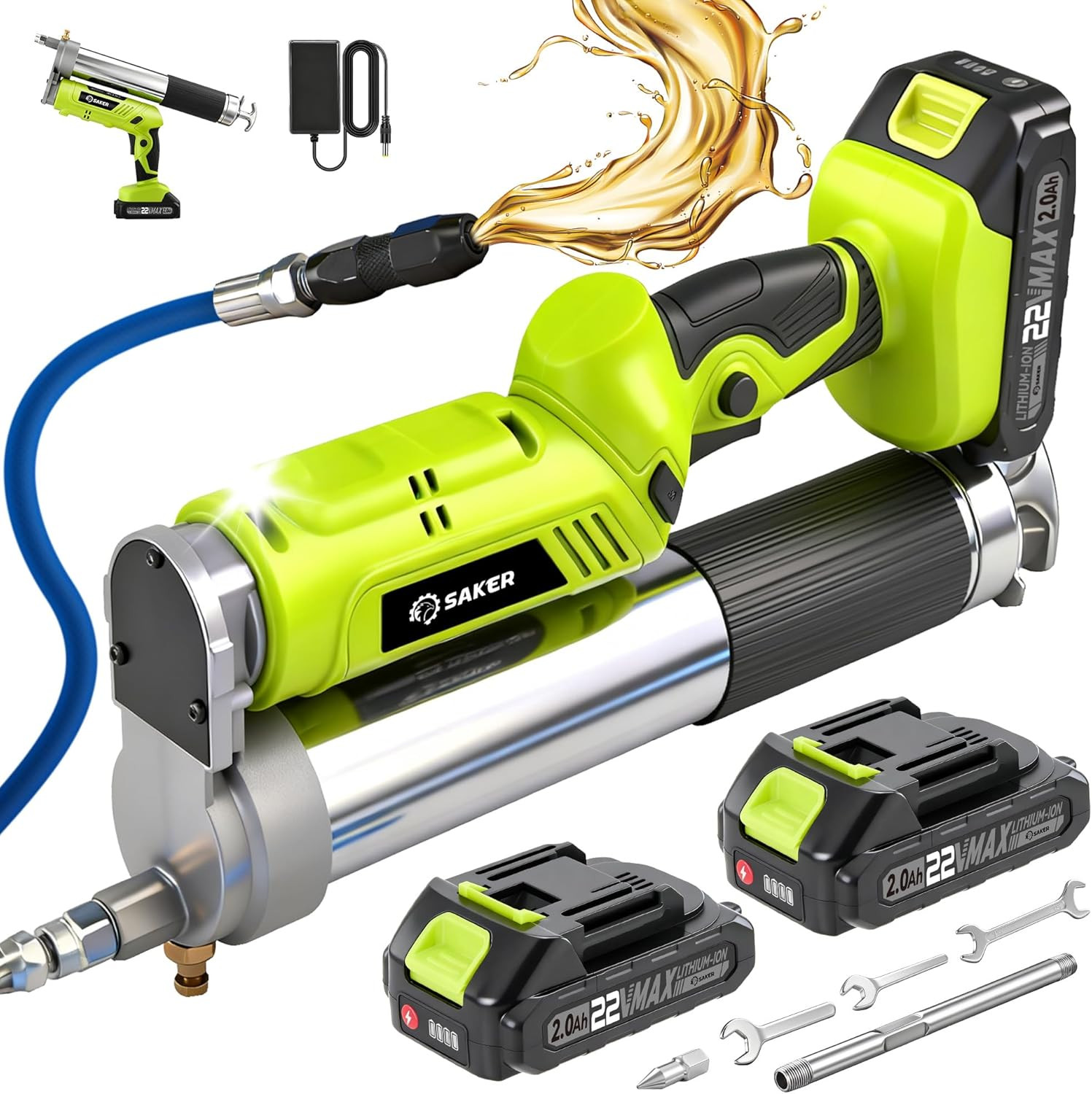 Saker 12,000 PSI Electric Grease Gun, Cordless Grease Gun Kit with 2 * 2.0Ah Bat
