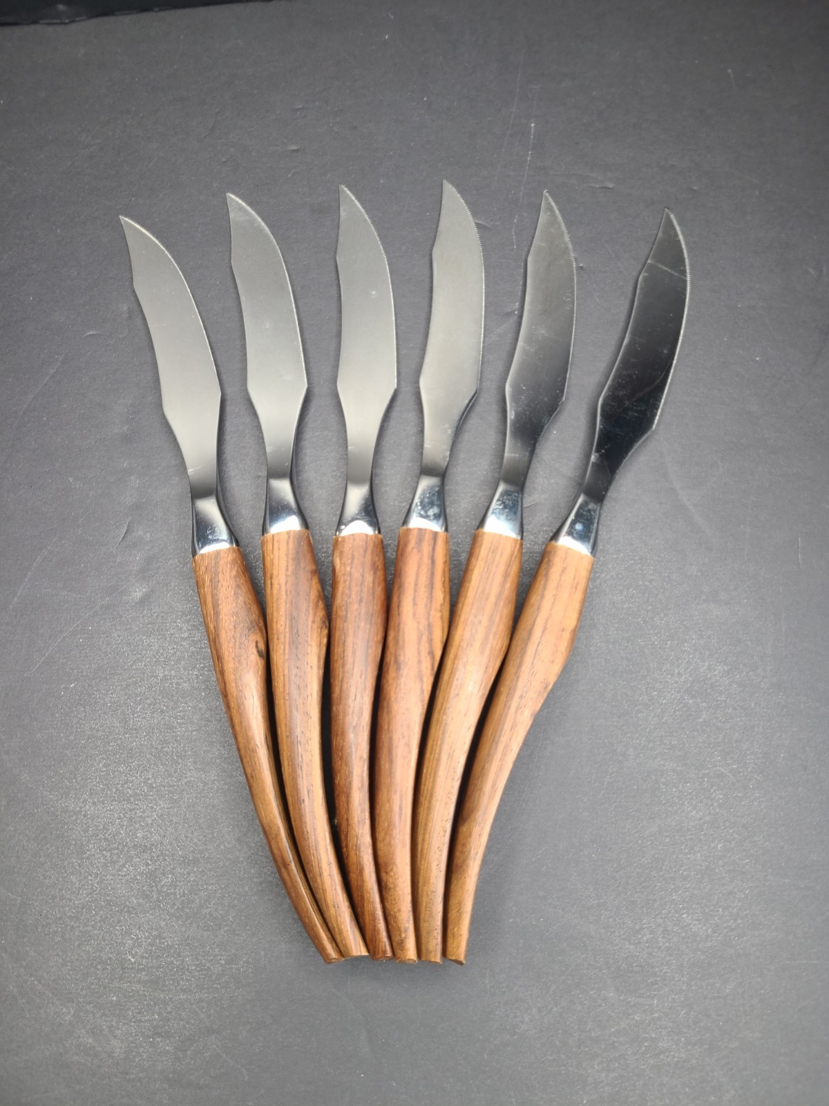 Vntg Steak Knives Stewarts Made In England Mid Century Teak Wood Handles