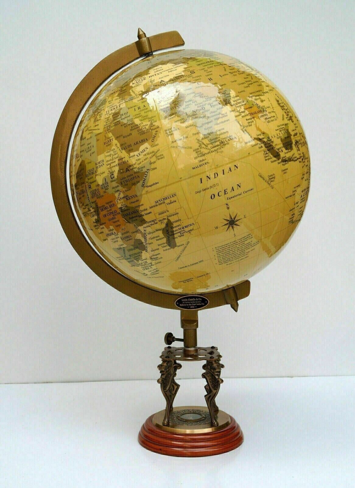 20" Globe World Map Earth Globes Designer Lions Wooden Base Compass Globe