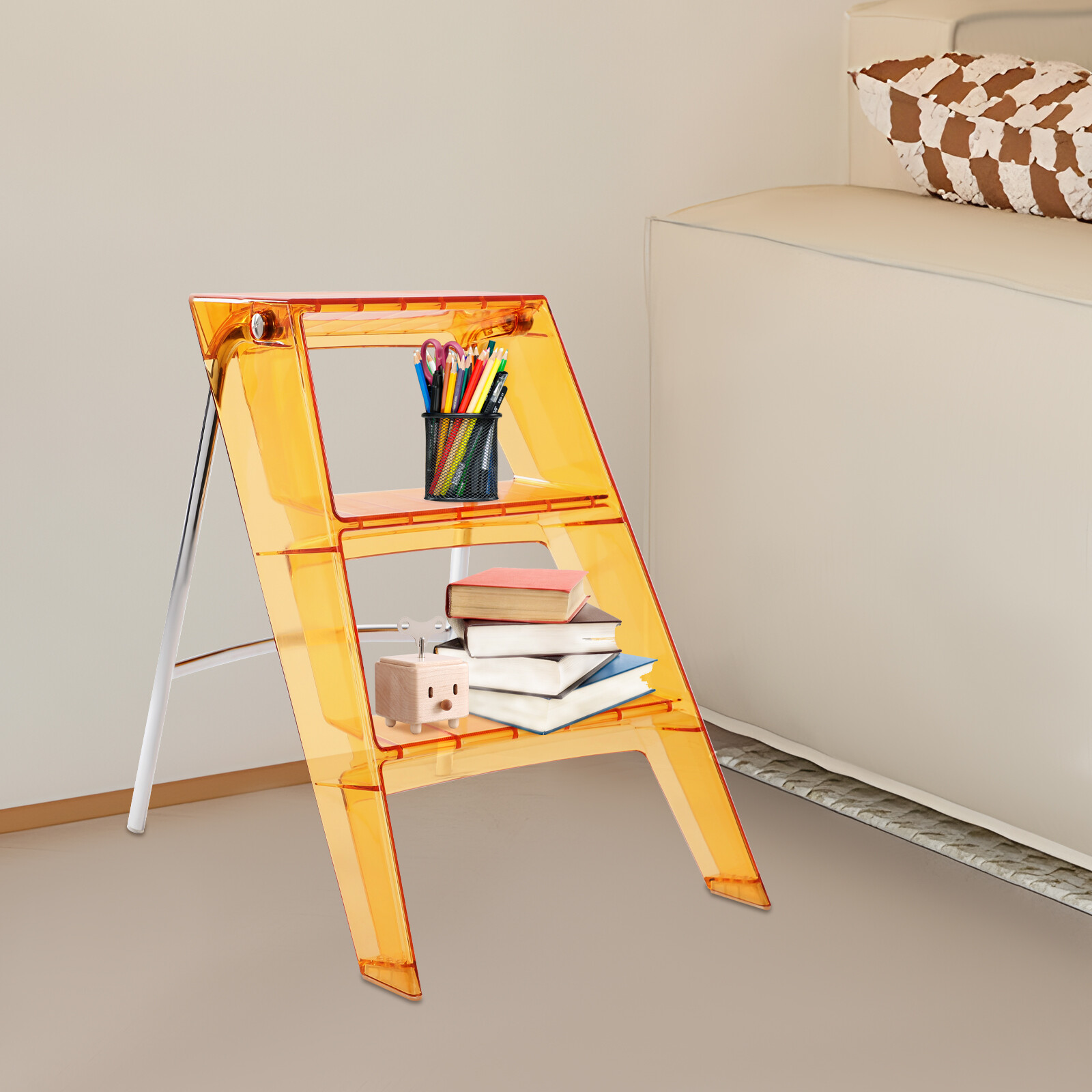 3 Step Ladder Folding Step Stool Orange Folding Step Stool for Adults 44*52*63cm