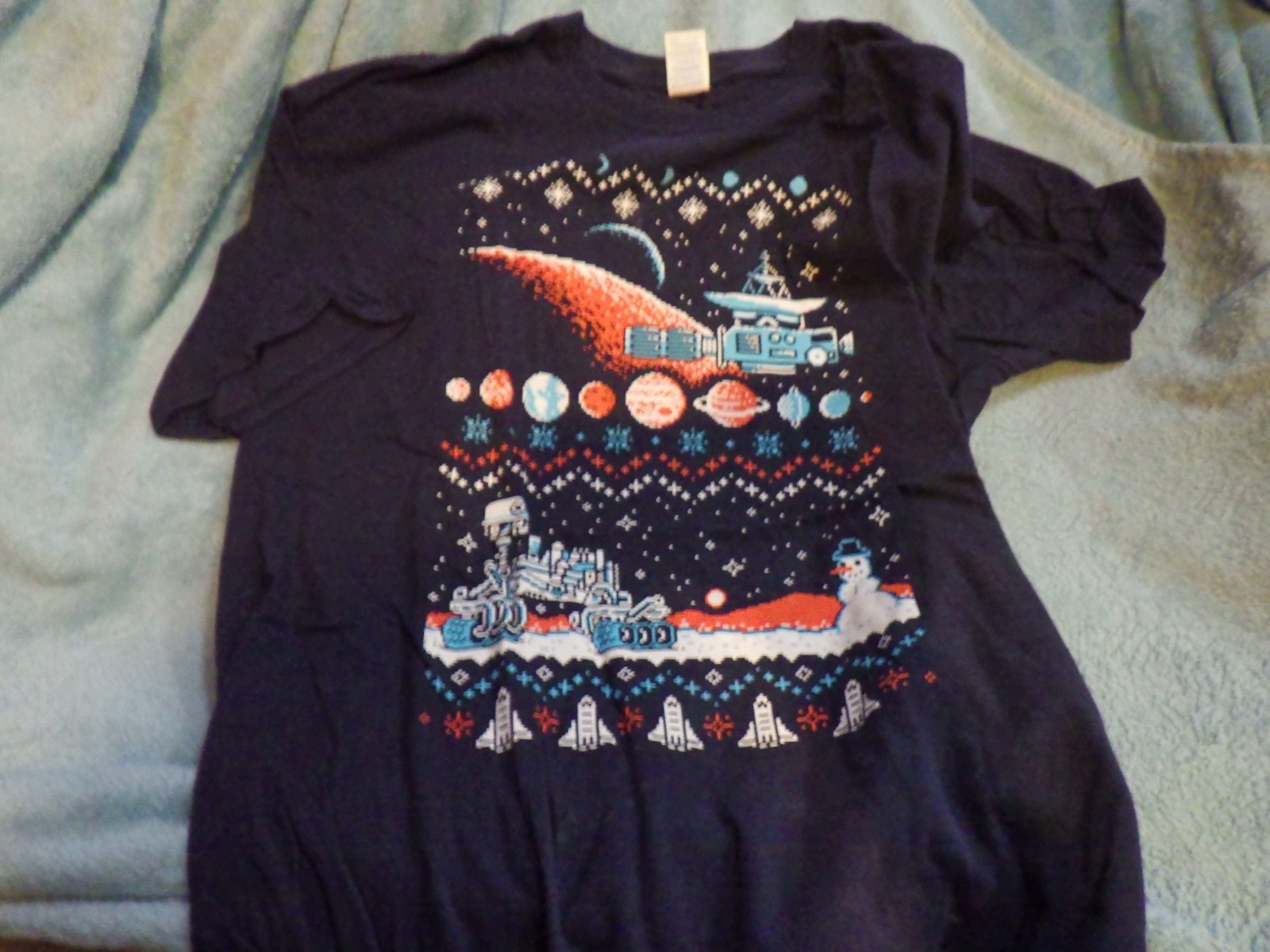 Geek Fuel Space Holiday T-Shirt 2XL Blue Pixel Art NASA Rover Voyager New NWOT
