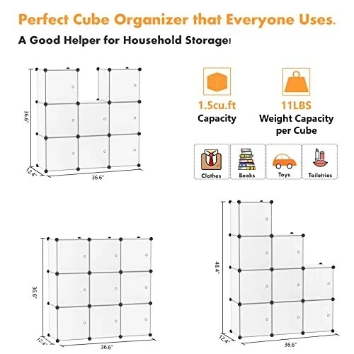 Cube Storage Organizer with Doors Shelves, Closet 6-Cube Transparent White