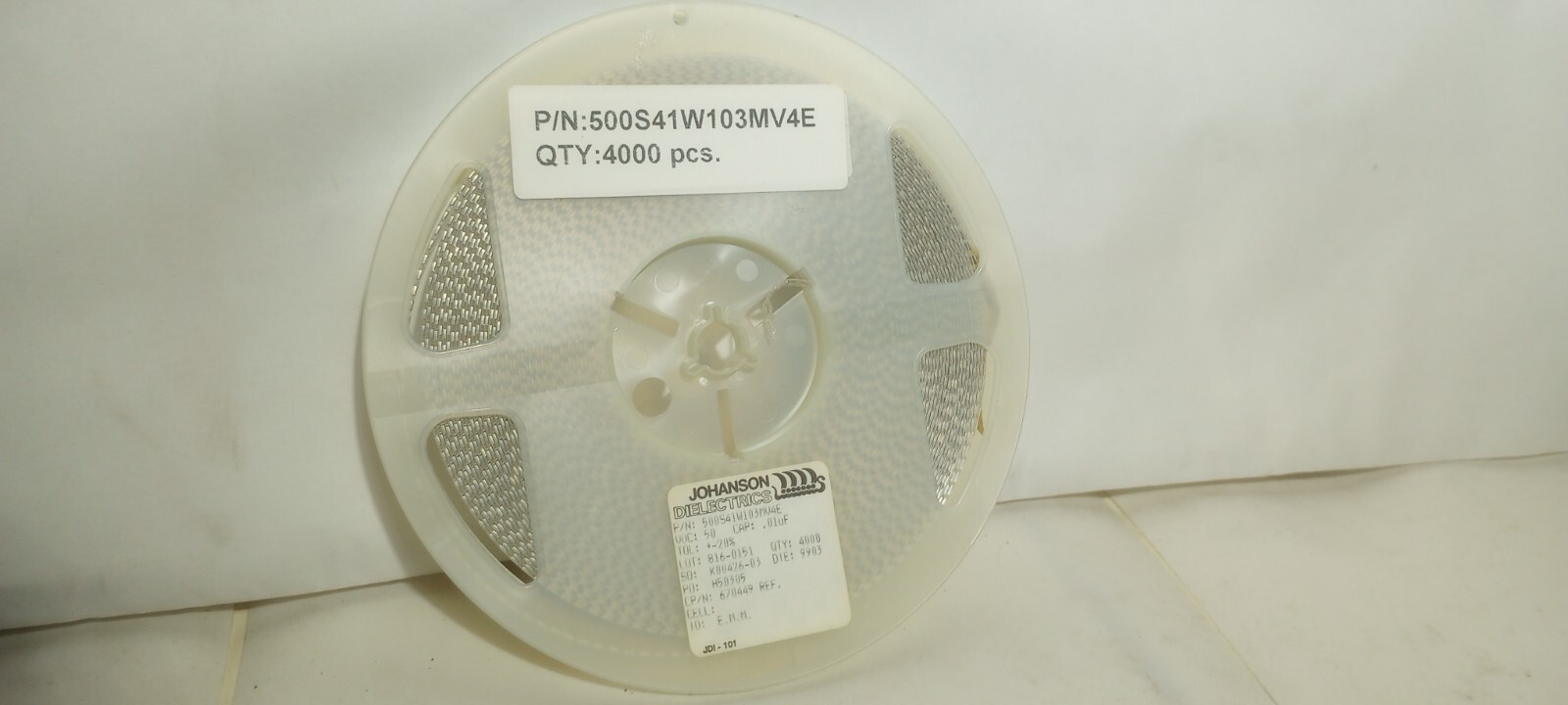 Reel of 4,000 Johanson .01uF 50VDC Ceramic Chip Capacitors P/N 500S41W103MV4E