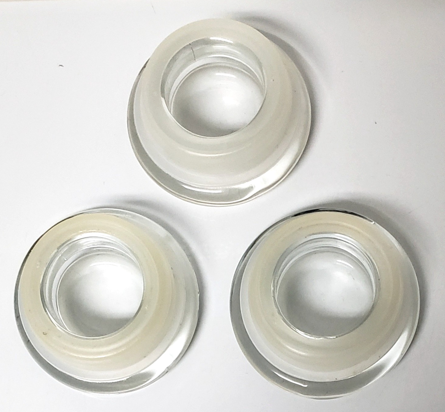 3 Tiny WHITE BARN Candle Jars/Lids, EMPTY 1.75oz CLEAN w/Yellow-ish Plastic Ring