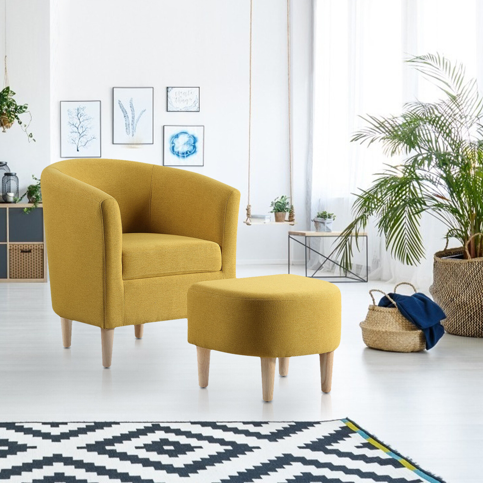 Modern Living Room Single Sofa with Ottoman Footrest - Linen Fabric Accent Chair