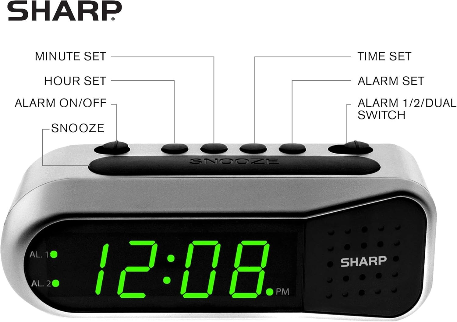 Sharp Electric Digital Dual Alarm Clock Battery Backup LED Large Display Snooze
