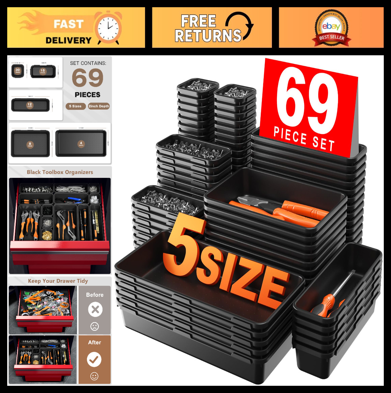 69 PCS Tool Box Organizer Tray Divider Set - Large Size Black Storage Bins for G