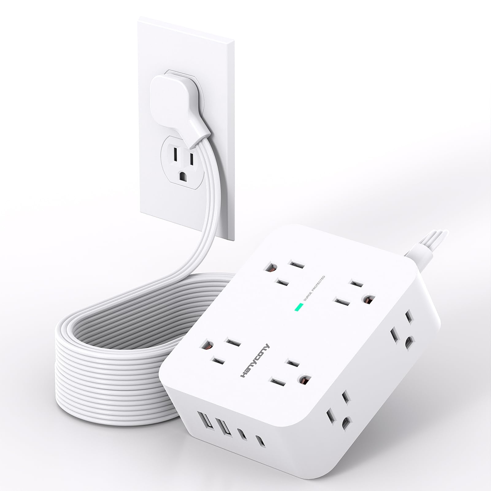 Extension Cord 15 ft Power Strip with 8 Outlets and 4 USB Flat Plug