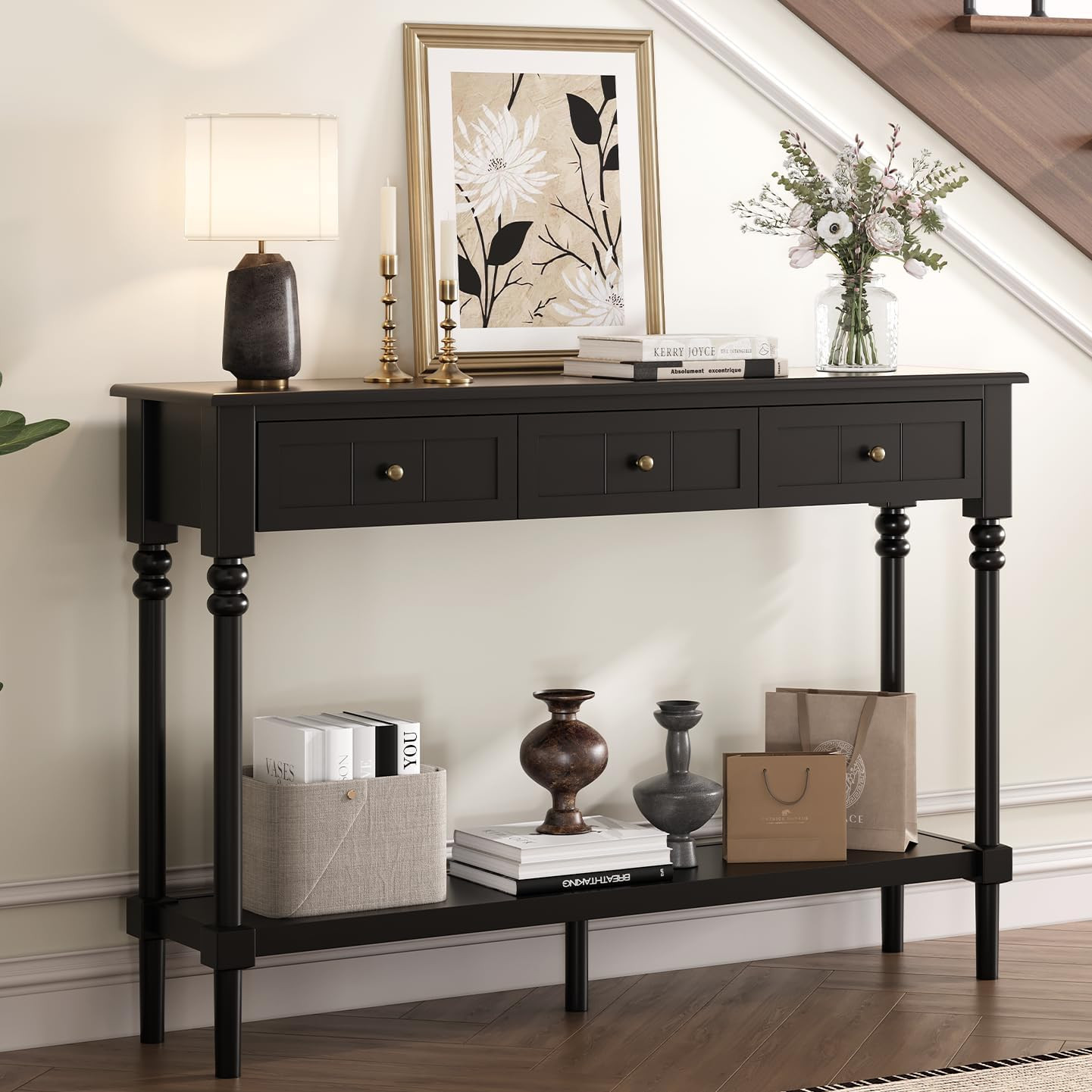 Console Tables with Drawers,43" Entryway Table with Shelf and Solid Wood Legs,Na