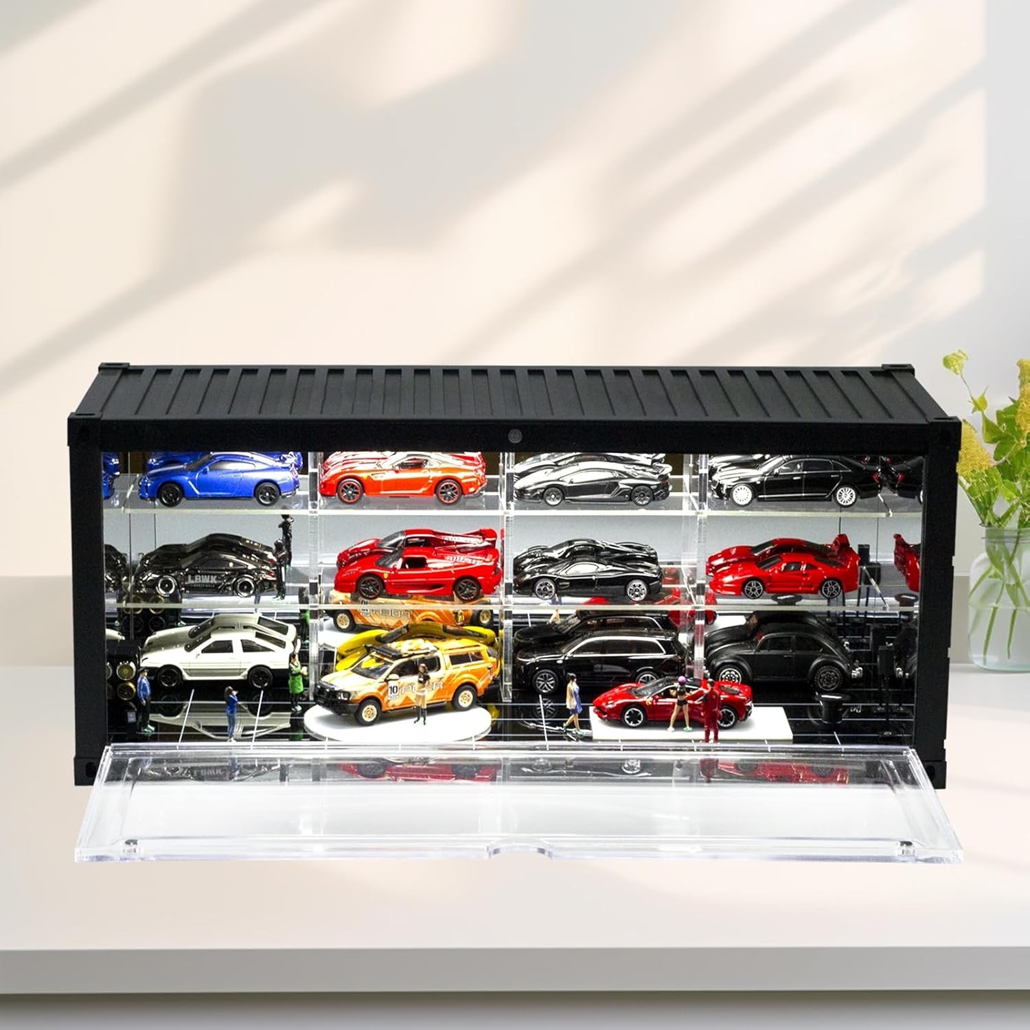 Car Display Case 16 Acrylic LED Light 1/43 Model Diecast 1/64 Garage Box Cabinet