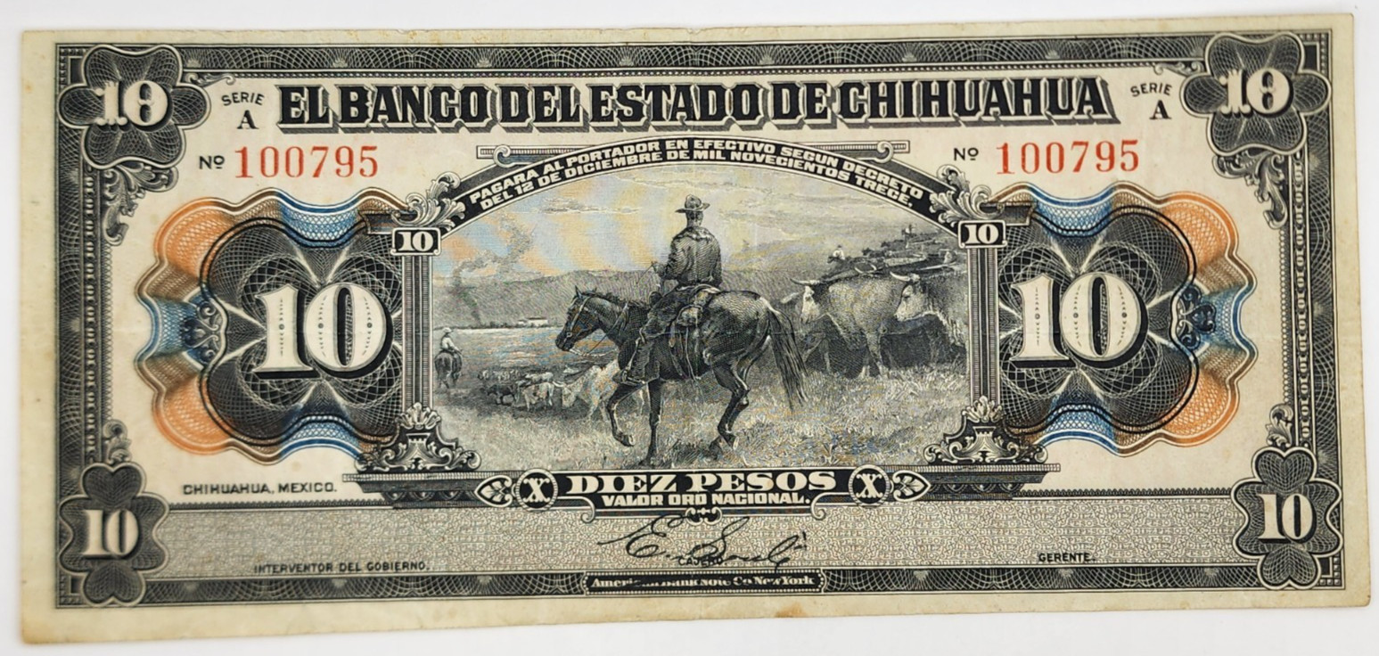 1913 Chihuahua, Mexico 10 Pesos Banknote - M96a; BK-CHI-149; P#133a