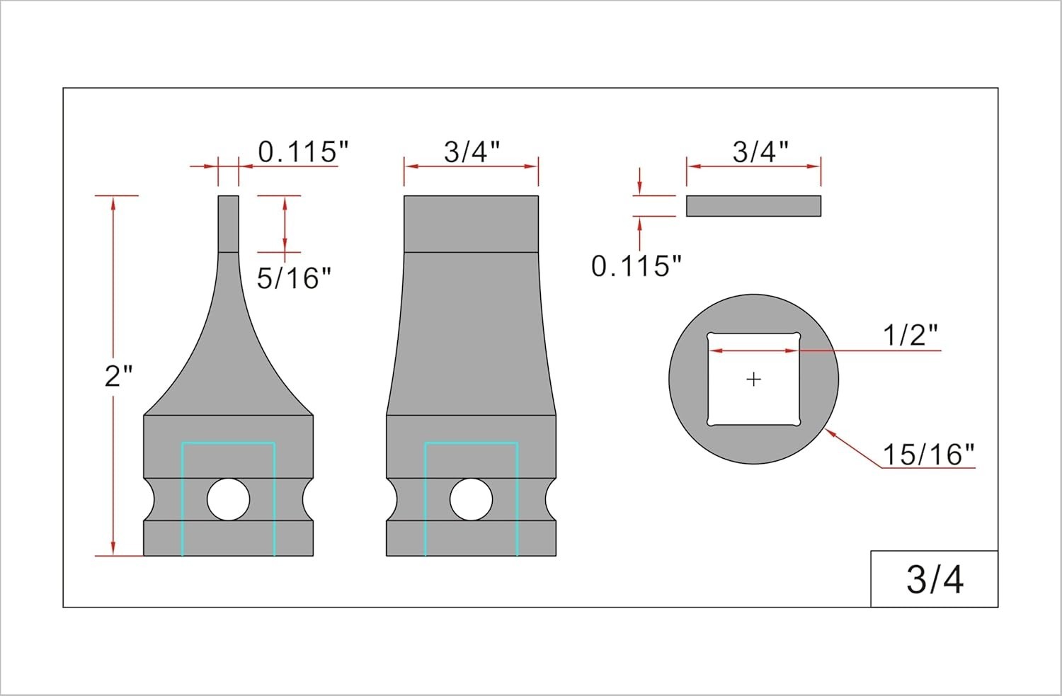 1/2" Drive Slotted Screwdriver Bit Socket, 3/4" Width x 0.115" Thickness Tip