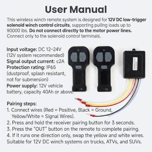 12V Wireless Winch Remote Control Kit – 4 Pack Universal 5‑Wire Receiver
