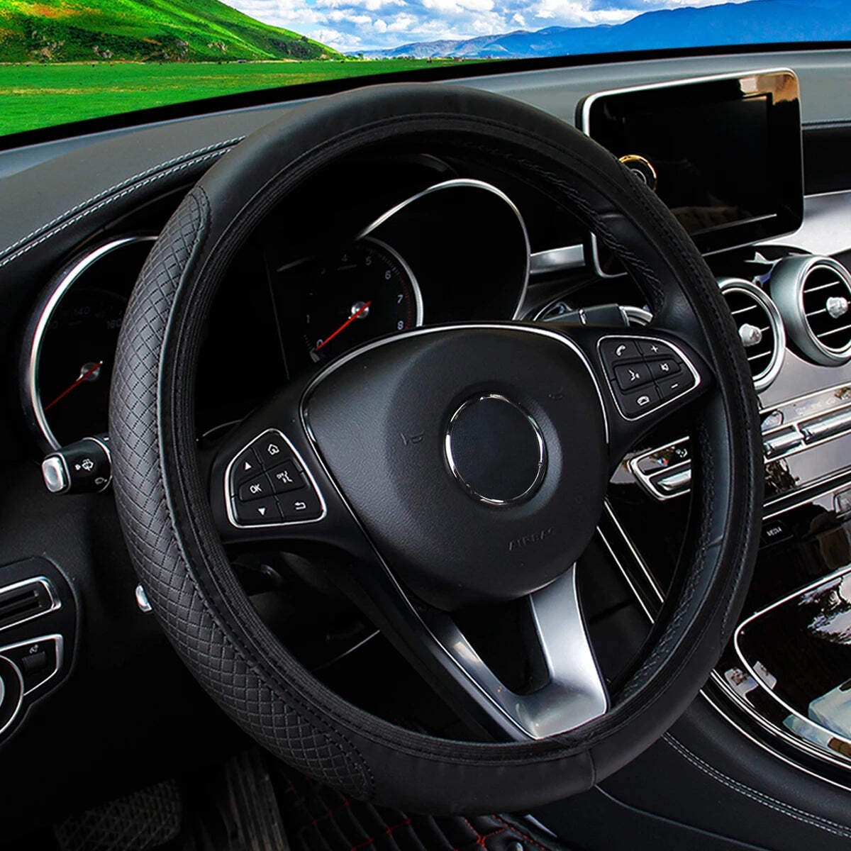PU Leather Embossed Three-Dimensional Steering Wheel Cover (14.5–15 Inch)