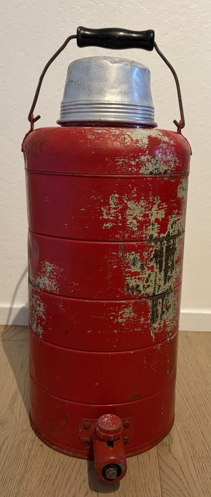 Rare/Working, Vietnam Era Red Stainless US Army Stanley Thermos w/ Spigot-2 Gal.
