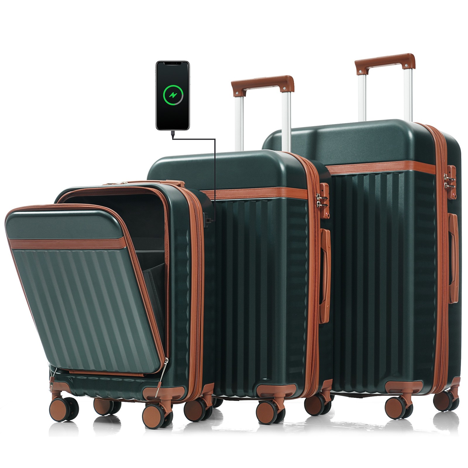 3Pcs 20" 24" 28" ABS Hardside Luggage Set w/ USB Port TSA Lock Expandable Light