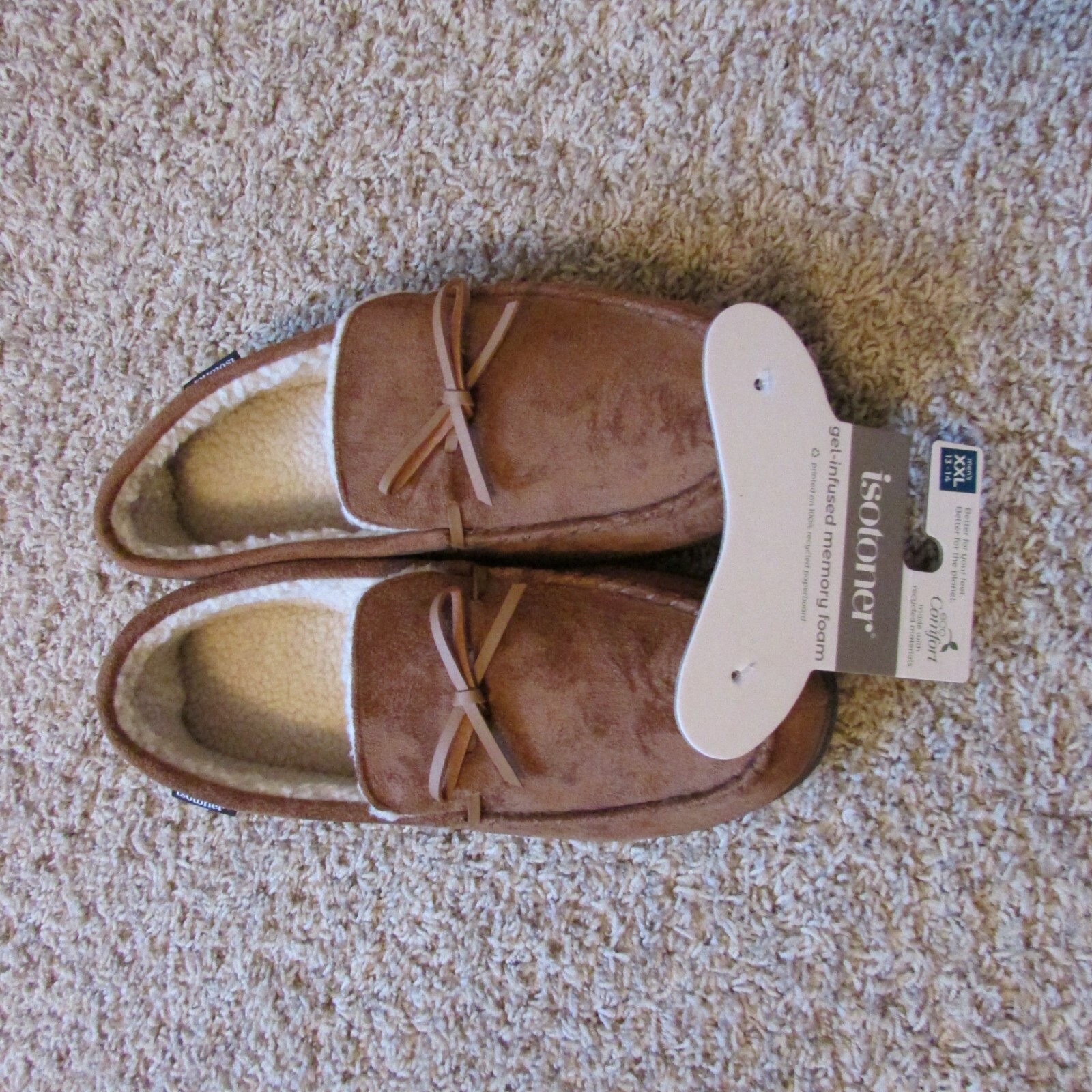 Isotoner Gel Infused Memory Foam Brown Moccasin Slippers XXL 13-14 Sherpa Lined