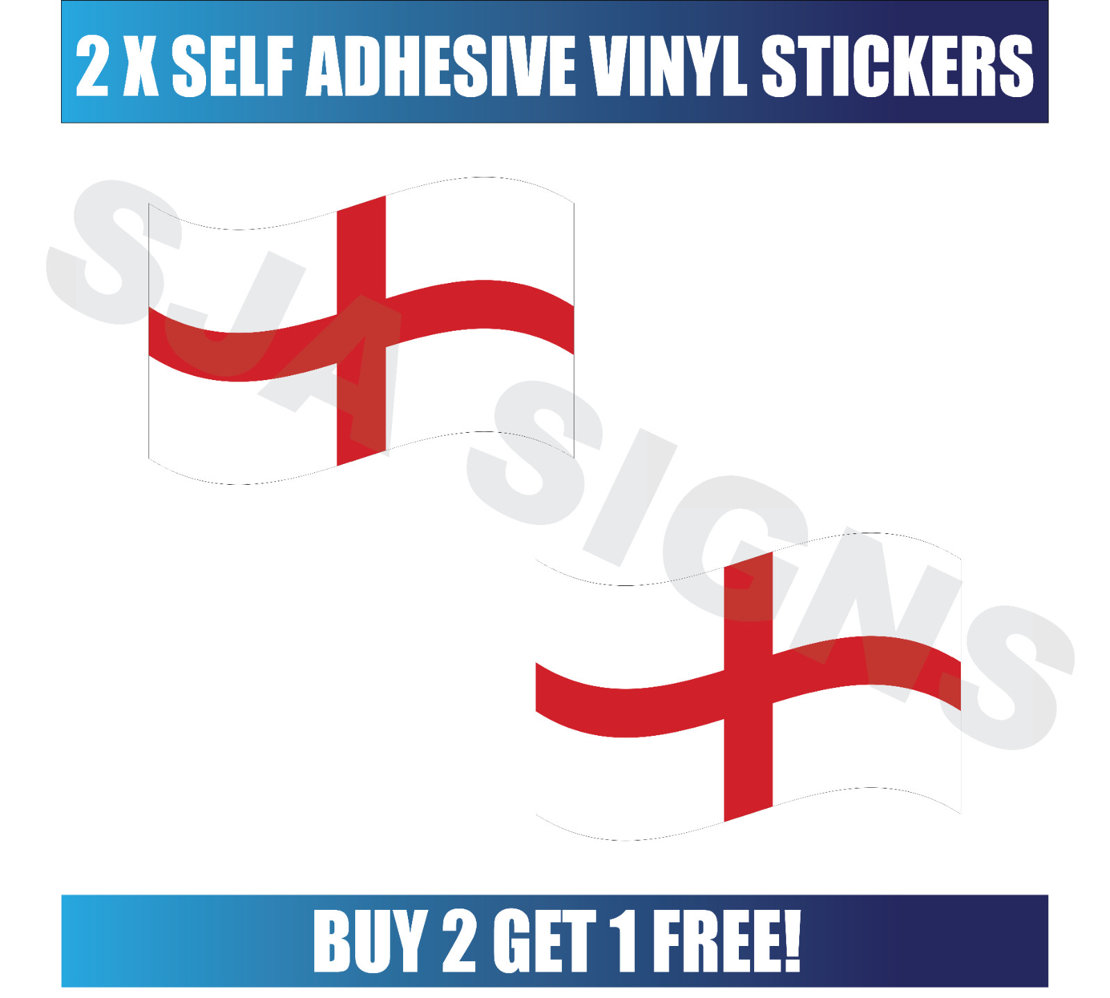 2 X ENGLAND WAVY FLAG - 200mm X 120mm - SELF ADHESIVE VINYL STICKERS