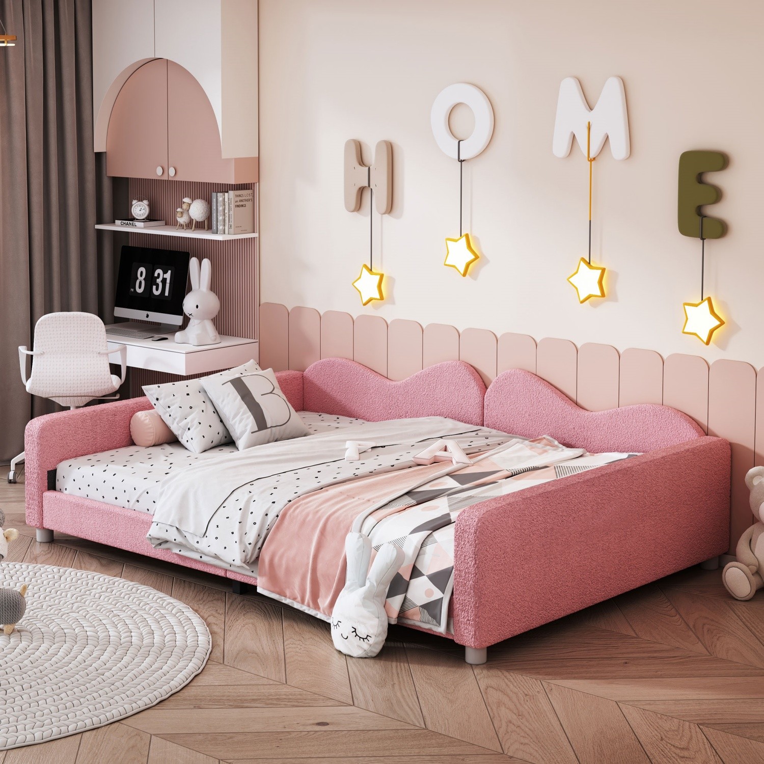 Modern Full Size Daybed Velvet Upholstered Bed Frame Sofa Bed for Bedroom Pink