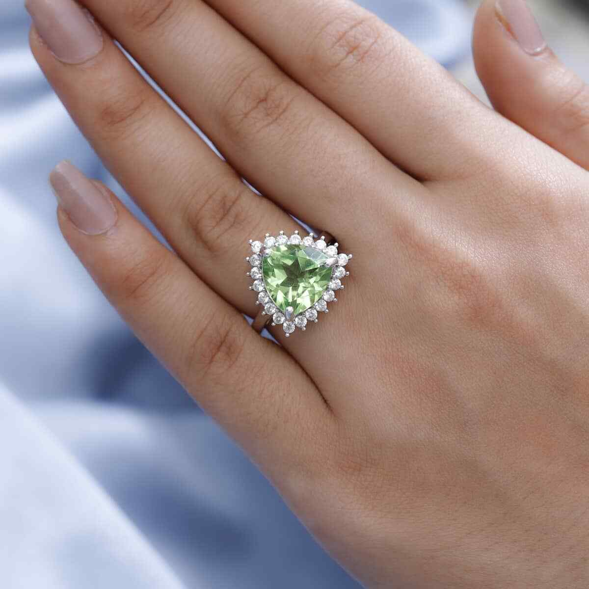 7.15ctw Chartreuse Quartz (Triplet) & Zircon Halo Ring Platinum Plated Size 8