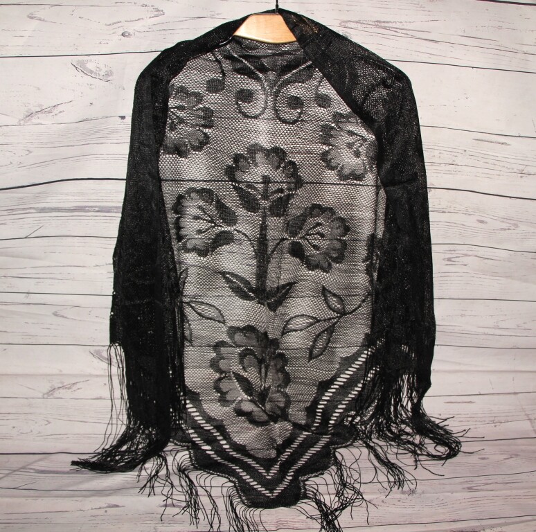 Black lace shawl Long fringe Vintage Triangle mesh scarf Gothic Weddings Bridal