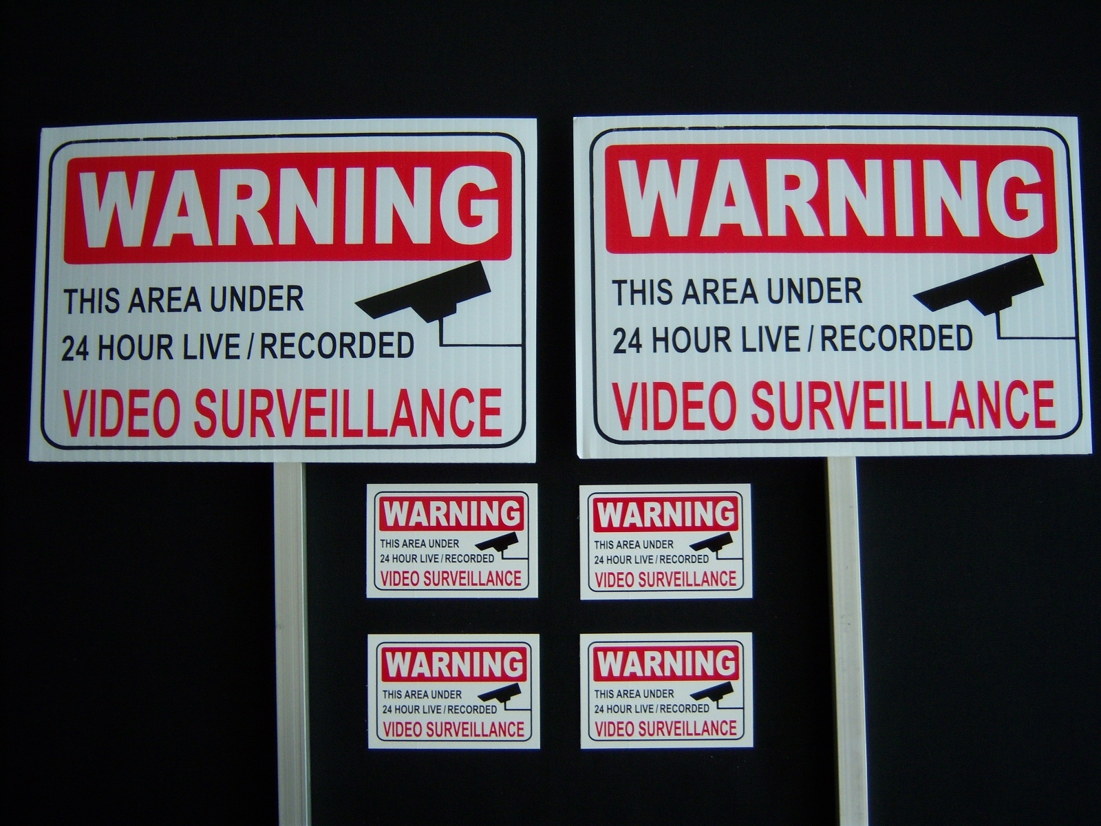 2 VIDEO SURVEILLANCE SIGNS + 4 DECALS  - 2 STAKES ..#PS-419