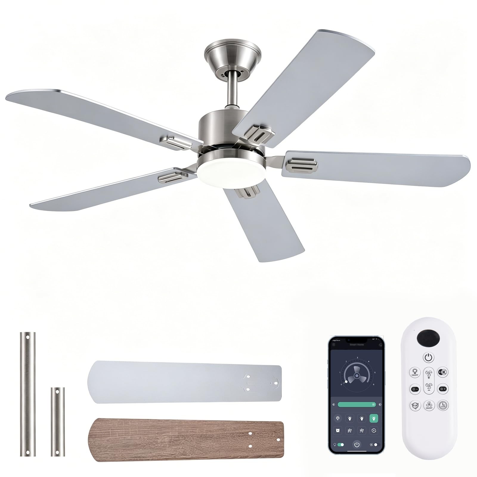FUMLTP 52inch Ceiling Fans with Lights and Remote/App 52inch, Nickel-5 blade
