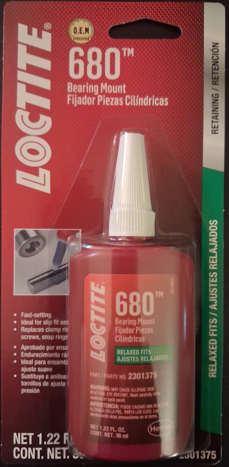 Loctite 680 Bearing Mount Relaxed Fits, P/N: 2301375, 36ml Bottle (BOX OF 6 NIB)