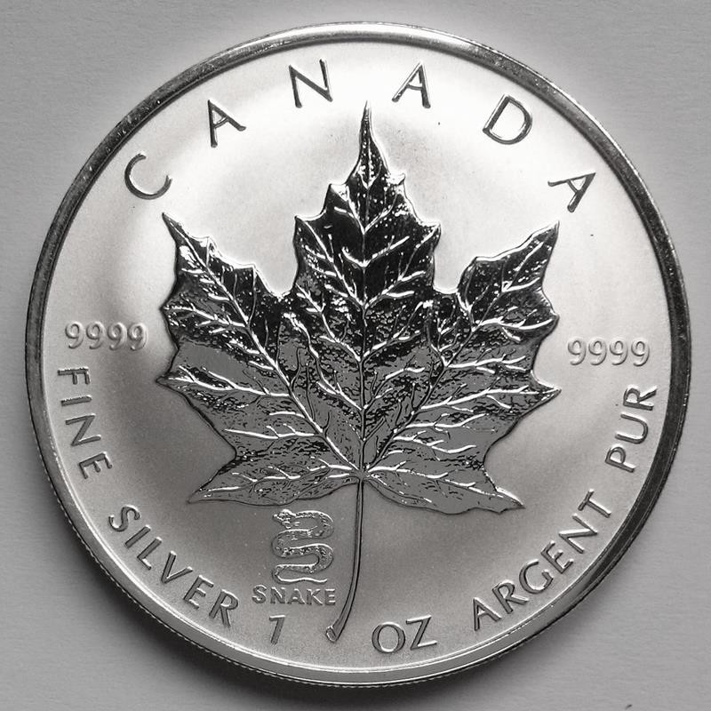 Canada 2001 Maple Leaf Snake Privy Mark Silver $5 Coin 1oz Uncirculated