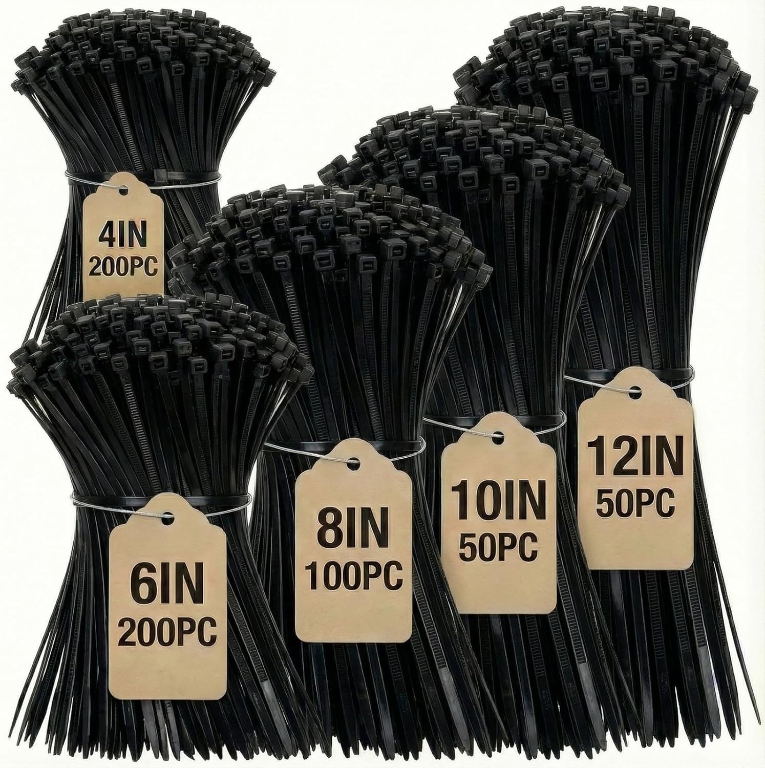 Black Zip Ties Assorted Sizes 4+6+8+10+12-Inch 600PCS Multi-Purpose Self-Locking