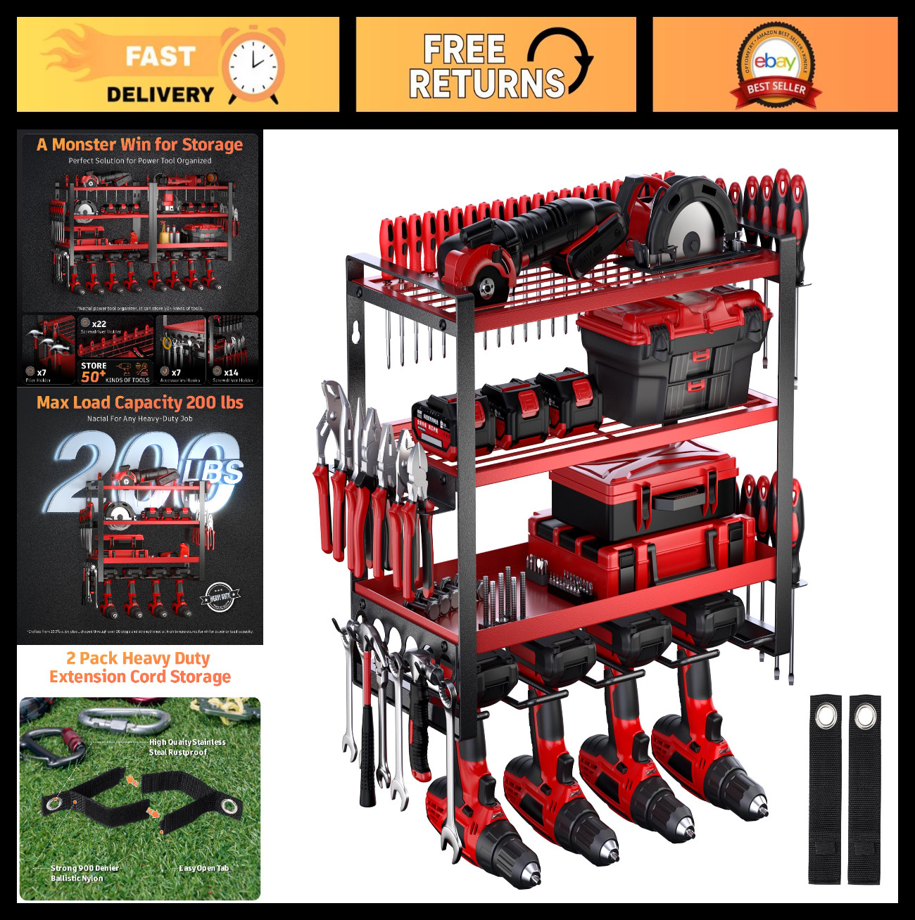 Heavy Duty Wall Mount Power Tool Organizer, 4-Layer Drill Holder & Garage Storag