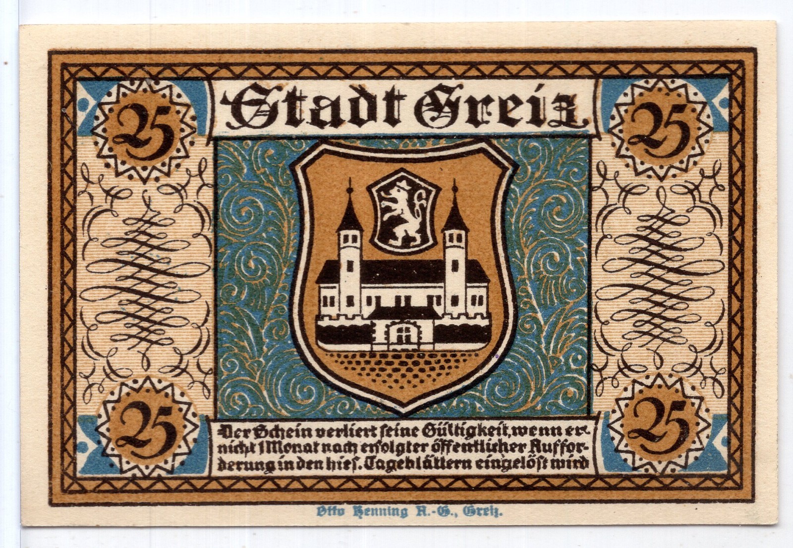 1921 Germany Greiz Notgeld 25 Pfennig Note (NG155)