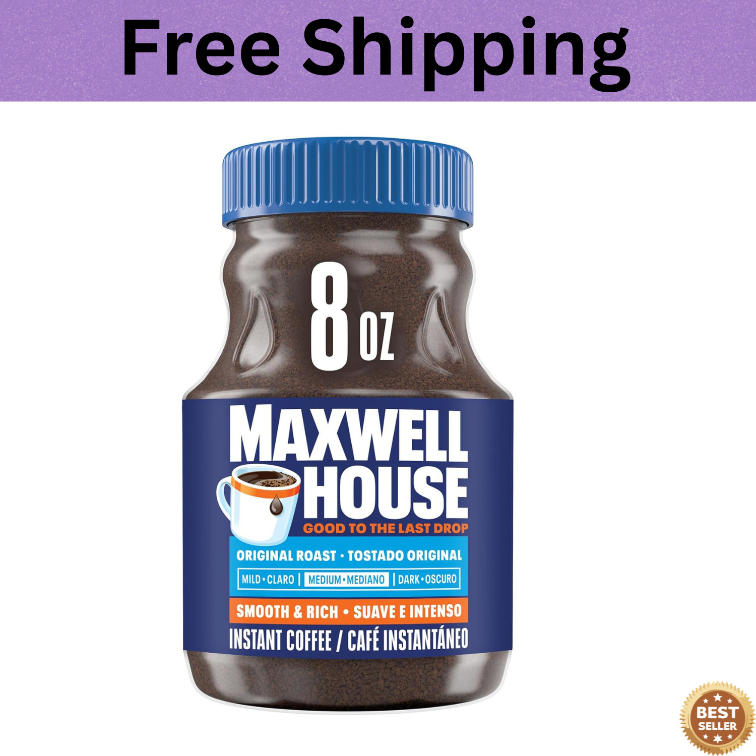 Maxwell House Original Roast Instant Coffee, 8 oz Jar.